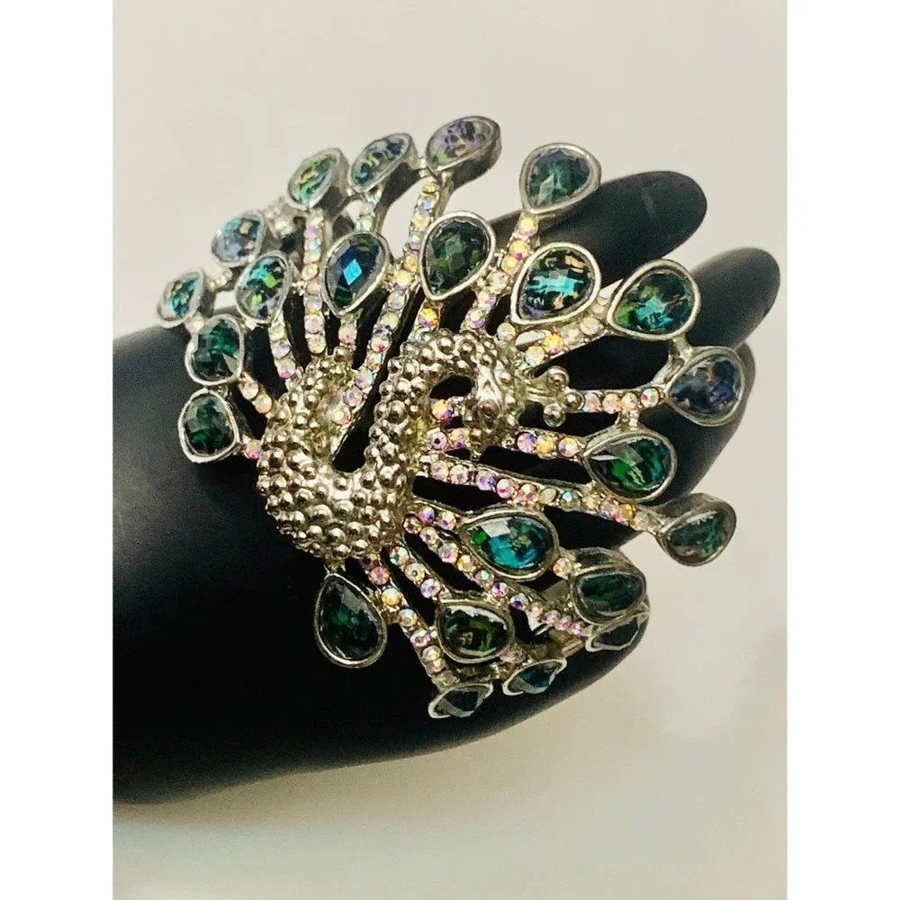 Rhinestone Peacock Boho Hinged Cuff Bracelet - Picture 8 of 10